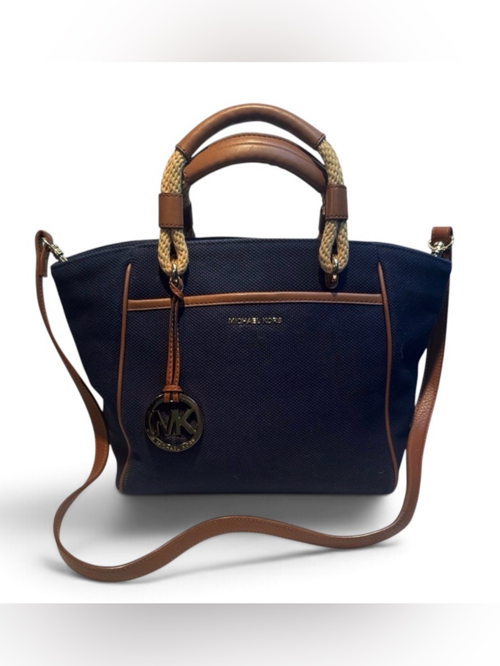 Michael Kors Navy Canvas Tote with Brown Leather Trim